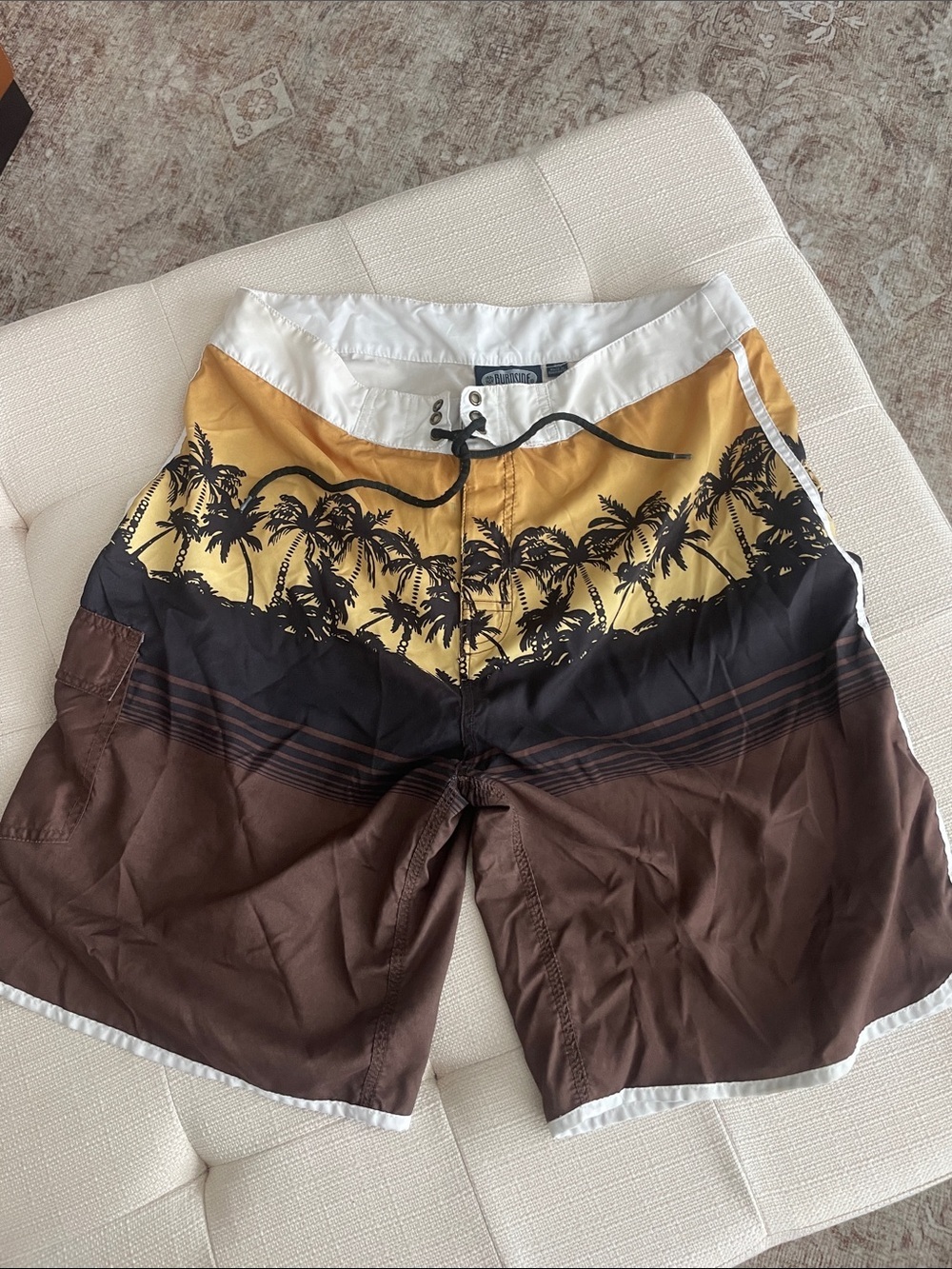 burnside Yellow, Black & Brown Palm-Print Swim Board Shorts